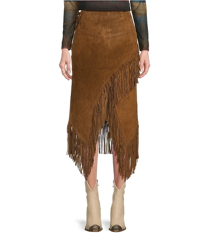 Scully Western Suede Leather High Rise Wrap Fringe Midi Skirt