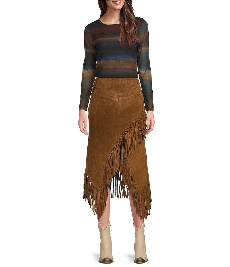 Scully Western Suede Leather High Rise Wrap Fringe Midi Skirt
