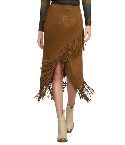 Scully Western Suede Leather High Rise Wrap Fringe Midi Skirt