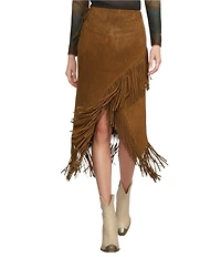 Scully Western Suede Leather High Rise Wrap Fringe Midi Skirt
