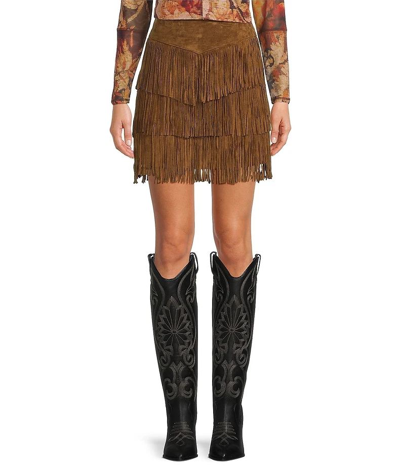 Scully Western Tiered Suede Fringe Mini Skirt