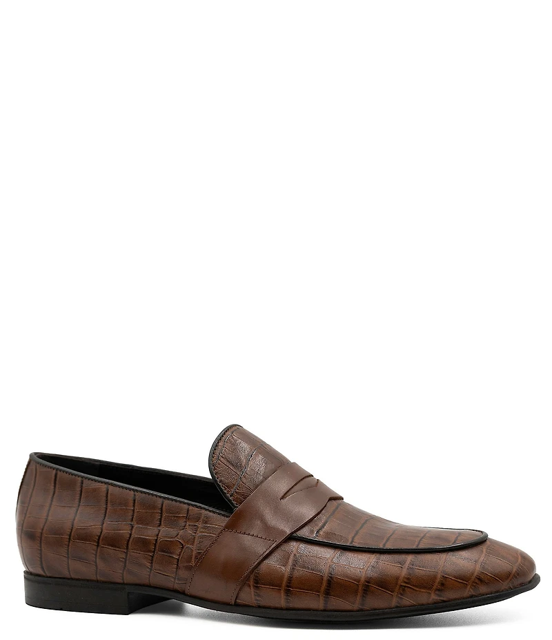 Section X Men's Saint Crocodile Embossed Leather Penny Loafers