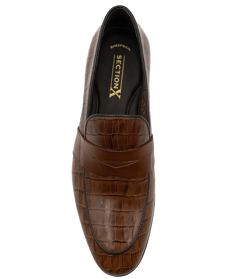 Section X Men's Saint Crocodile Embossed Leather Penny Loafers