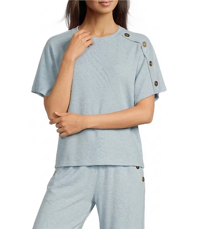 See And Be Seen Coordinating Knit Gold Button Crew Neck Short Dolman Sleeve Top