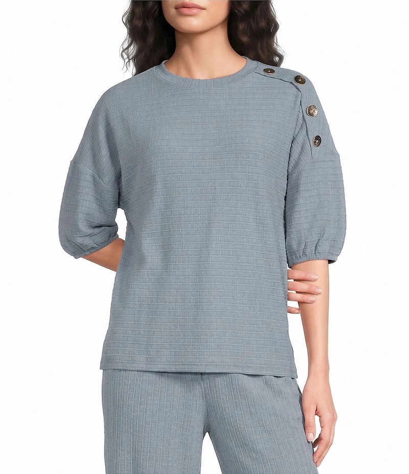 See And Be Seen Coordinating Textured Knit Round Neck 3/4 Sleeve Top