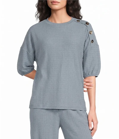 See And Be Seen Coordinating Textured Knit Round Neck 3/4 Sleeve Top