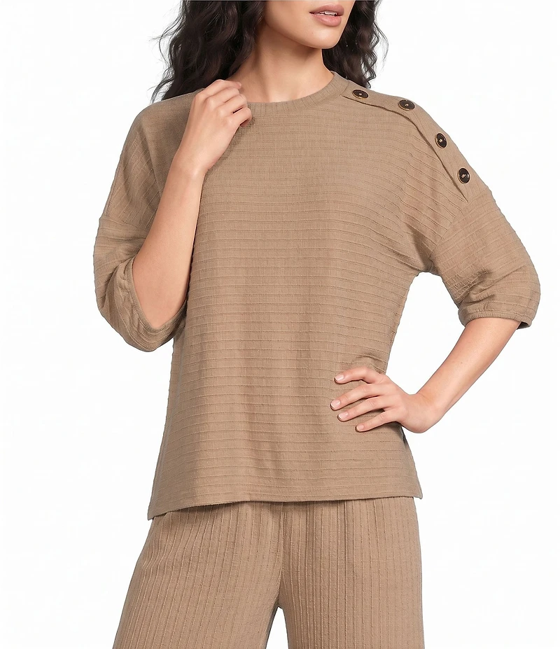 See And Be Seen Coordinating Textured Knit Round Neck 3/4 Sleeve Top