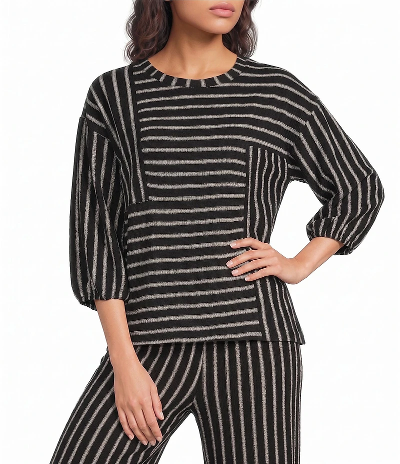 See and Be Seen Coordinating Textured Mixed Stripe Round Neck 3/4 Sleeve Top