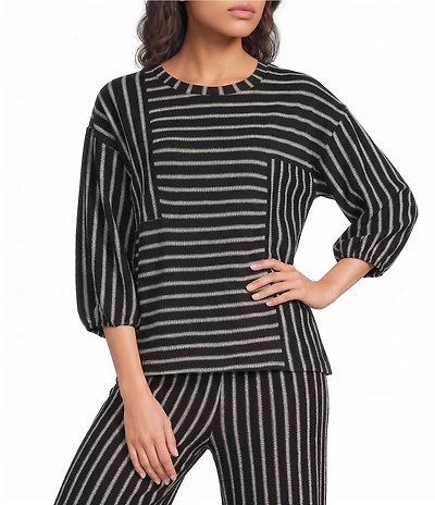 See and Be Seen Coordinating Textured Mixed Stripe Round Neck 3/4 Sleeve Top