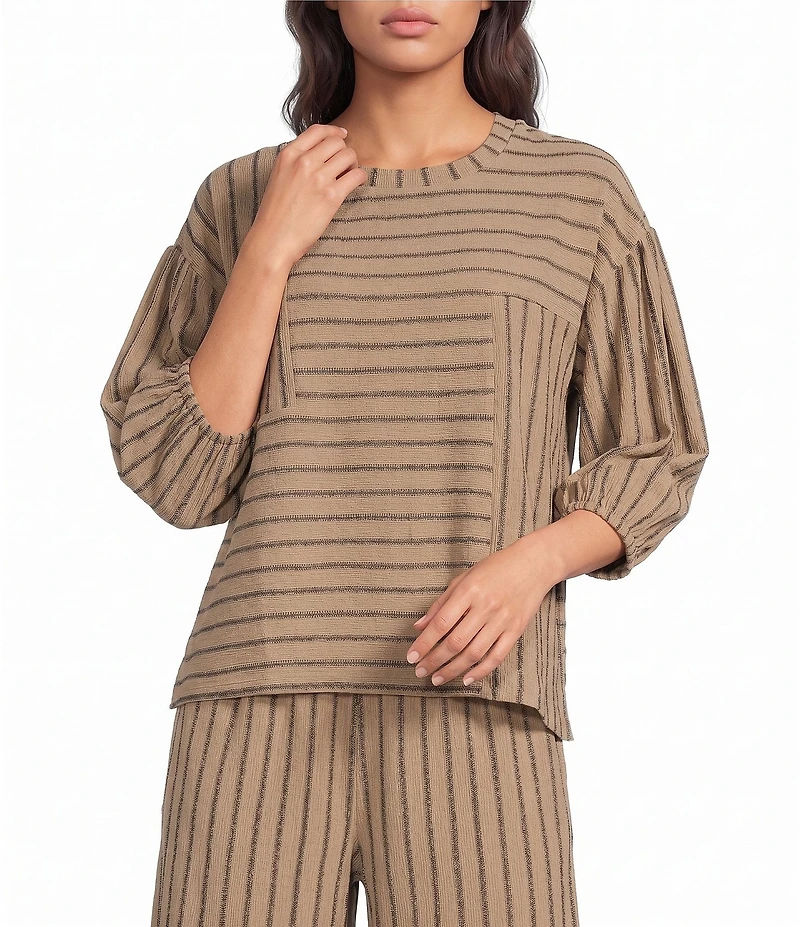 See and Be Seen Coordinating Textured Mixed Stripe Round Neck 3/4 Sleeve Top