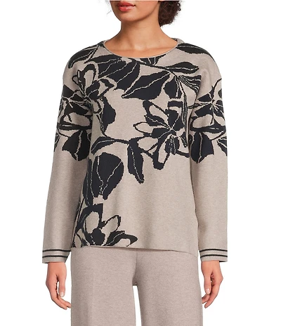 See And Be Seen Floral Jacquard Knit Boat Neck Long Sleeve Pullover