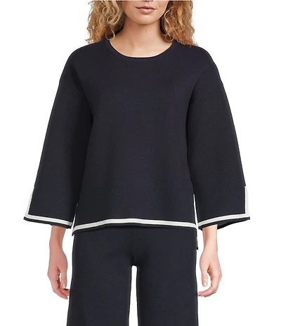 See And Be Seen Knit Coordinating Contrast Trim Round Neck 3/4 Sleeve Sweater Top