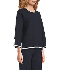 See And Be Seen Knit Coordinating Contrast Trim Round Neck 3/4 Sleeve Sweater Top