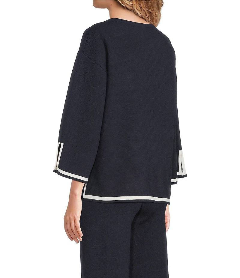See And Be Seen Knit Coordinating Contrast Trim Round Neck 3/4 Sleeve Sweater Top