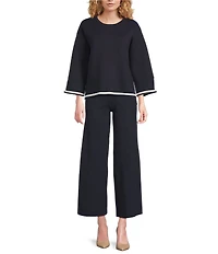 See And Be Seen Knit Coordinating Contrast Trim Round Neck 3/4 Sleeve Sweater Top