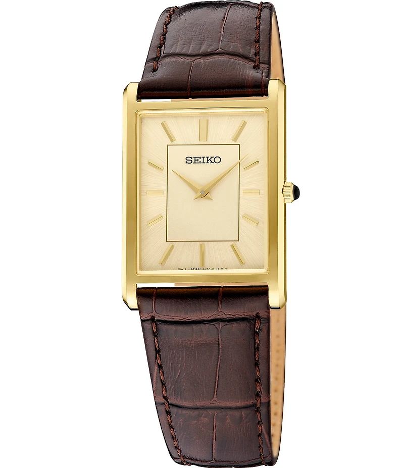 Seiko Men's Essentials Gold Rectangle Quartz Analog Croco Leather Strap Watch