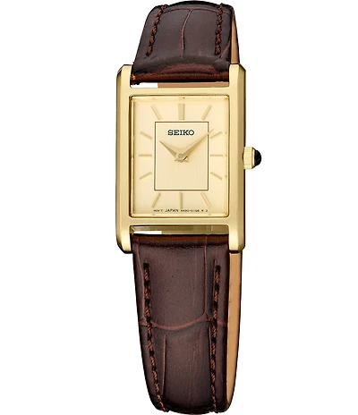Seiko Women's Essentials Gold Mini Rectangle Quartz Analog Croco Leather Strap Watch