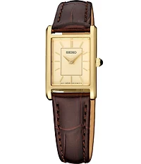 Seiko Women's Essentials Gold Mini Rectangle Quartz Analog Croco Leather Strap Watch