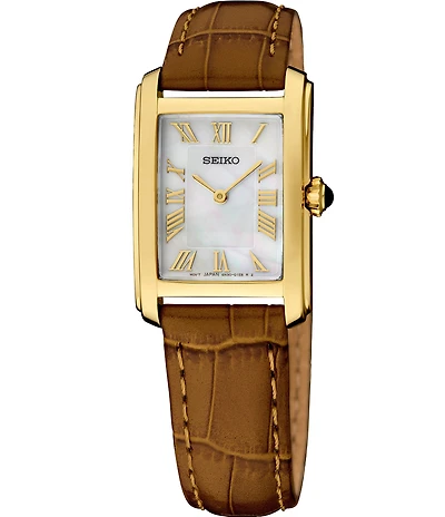 Seiko Women's Essentials Gold Rectangle Quartz Analog Croco Leather Strap Watch