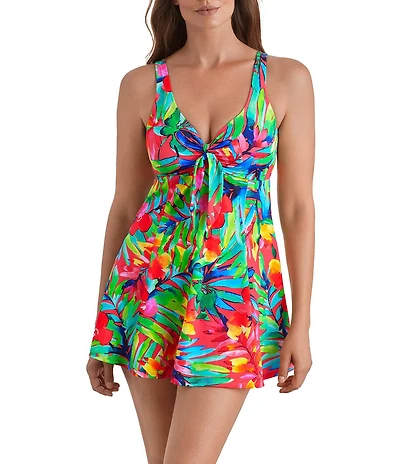 Shape Solver Cherry Grove V-Neck Bow Front One Piece Swimdress