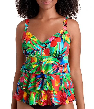 Shape Solver Cherry Grove V-Neck Triple Tiered Tankini Swim Top