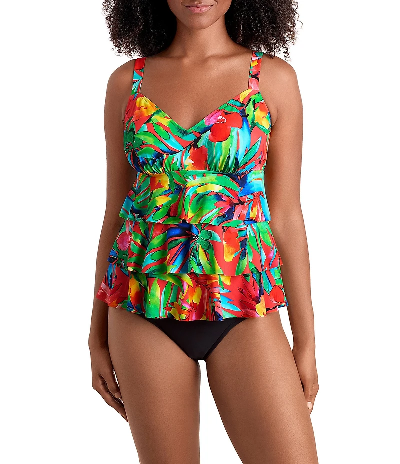 Shape Solver Cherry Grove V-Neck Triple Tiered Tankini Swim Top