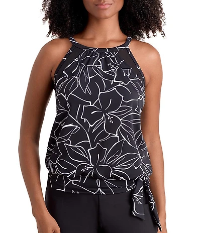 Shape Solver Floraline High Neck Blouson Tankini Swim Top