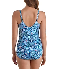 Shape Solver Grecian Tile V-Neck Crossover Sarong One Piece Swimdress
