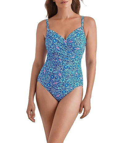 Shape Solver Grecian Tile V-Neck Moderate Coverage Surplice One Piece Swimsuit