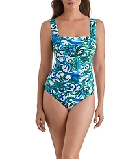 Shape Solver Imperial Paisley Square Neck Tummy Control One Piece Swimsuit