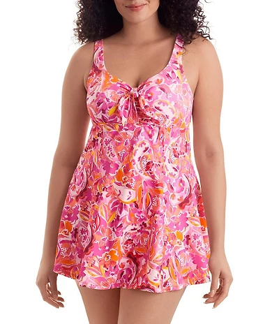 Shape Solver Picasso Floral Bow Front Tummy Control One Piece Swimdress