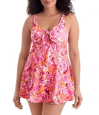 Shape Solver Picasso Floral Bow Front Tummy Control One Piece Swimdress