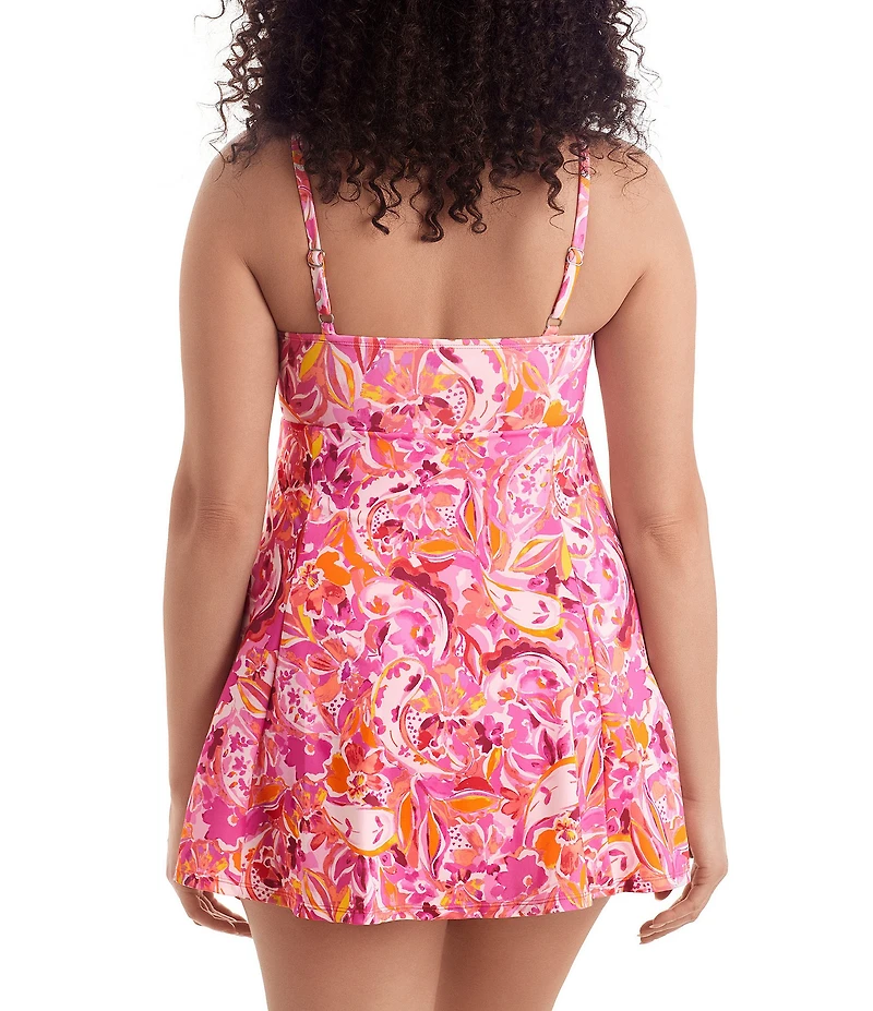 Shape Solver Picasso Floral Bow Front Tummy Control One Piece Swimdress