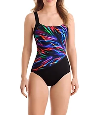 Shape Solver Sport Electrifying Square Neck Illusion Tank One Piece Swimsuit