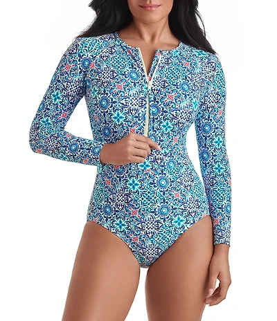 Shape Solver Sport Grecian Tile Long Sleeve Zip Front Paddleboard One Piece Swimsuit