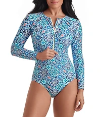 Shape Solver Sport Grecian Tile Long Sleeve Zip Front Paddleboard One Piece Swimsuit