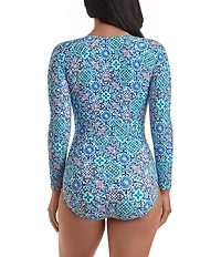 Shape Solver Sport Grecian Tile Long Sleeve Zip Front Paddleboard One Piece Swimsuit