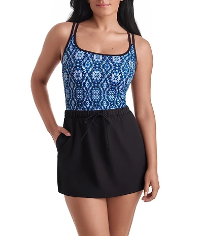 Shape Solver Sport Modern Mosaic Scoop Neck Skirted Runaround One Piece Swimsuit