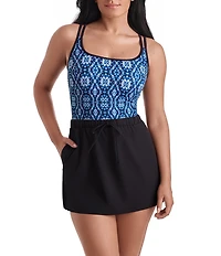Shape Solver Sport Modern Mosaic Scoop Neck Skirted Runaround One Piece Swimsuit