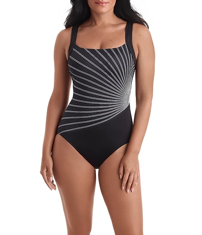 Shape Solver Sport Optic Rays Square Neck Illusion Tank One Piece Swimsuit