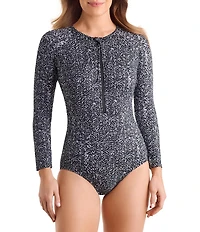 Shape Solver Sport Pixel Twilight Long Sleeve Zip Front Paddleboard One Piece Swimsuit