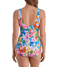 Shape Solver Summer Splash Front Shirred V-Neck One Piece Swimsuit