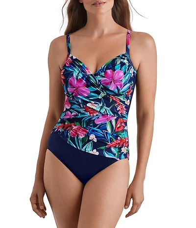 Shape Solver Tropical Splash Crisscross V-Neck One-Piece Swimsuit
