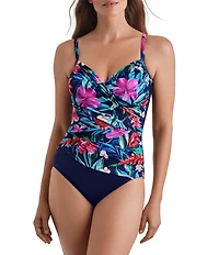 Shape Solver Tropical Splash Crisscross V-Neck One-Piece Swimsuit