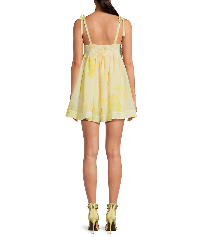 Gianni Bini x Shea Leigh Mills Limoncello Floral Print Sleeveless Satin Mini Baby Doll Romper