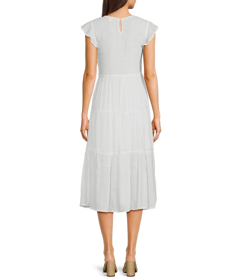Blu Pepper Short Flutter Sleeve Smocked Tiered Midi Dress
