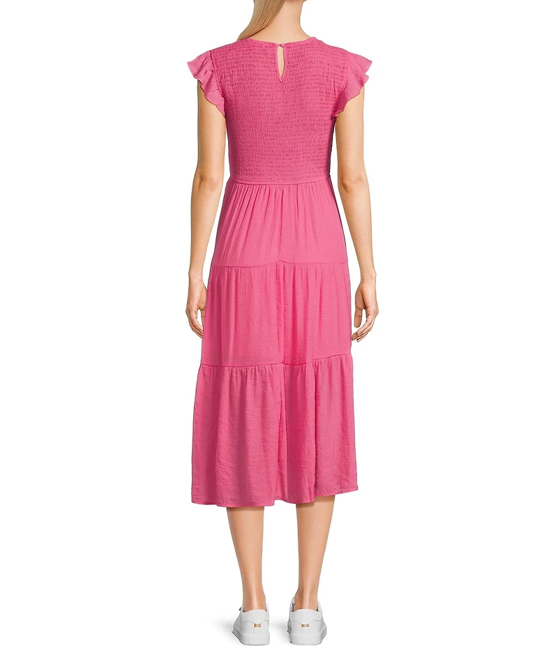 Blu Pepper Short Flutter Sleeve Smocked Tiered Midi Dress