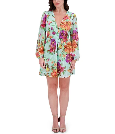 SIENA Burnout Floral Print V-Neck Long Sleeve A-Line Mini Dress
