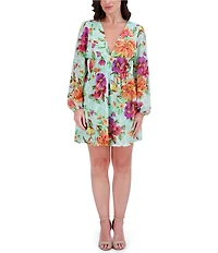 SIENA Burnout Floral Print V-Neck Long Sleeve A-Line Mini Dress