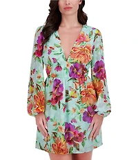 SIENA Burnout Floral Print V-Neck Long Sleeve A-Line Mini Dress